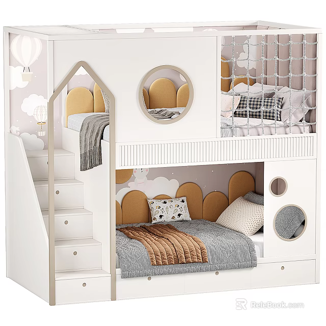 White Frame Bunk Bed With Staircase Steps Upper Netting And Cloud Decorations 3d model 