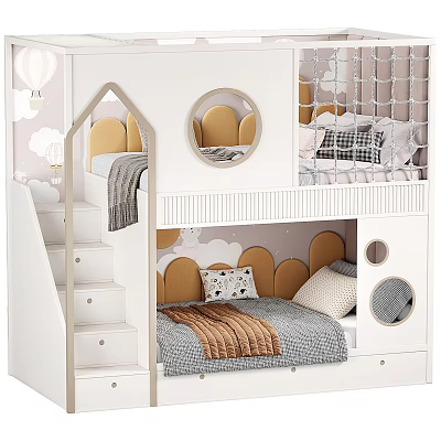White Frame Bunk Bed With Staircase Steps Upper Netting And Cloud Decorations 3d model