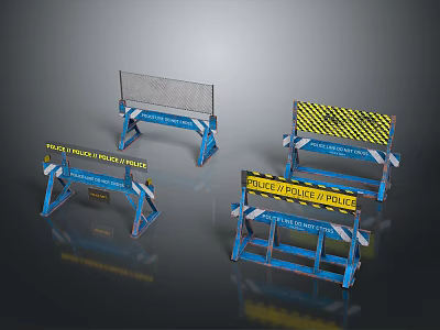 Blue Construction Site Barriers With Warning Signs And Mesh Panels 3d model