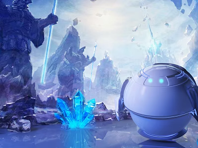 Round Robot Game Character in Fantasy Mountainous Scene with Glowing Blue Crystals 3d model