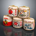 White Rope Wrapped Japanese Sake Bottles With Traditional Patterns And Characters On Dark Reflective Background