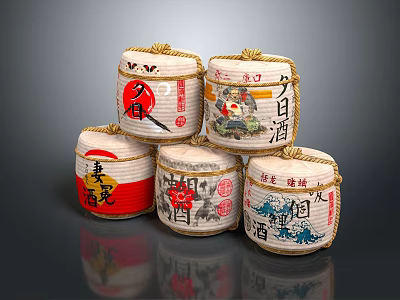 White Rope Wrapped Japanese Sake Bottles With Traditional Patterns And Characters On Dark Reflective Background 3d model