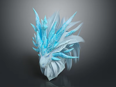 Fantasy Game Movie Character Blue White Dragon Head With Crystal Feathery Decorations 3d model