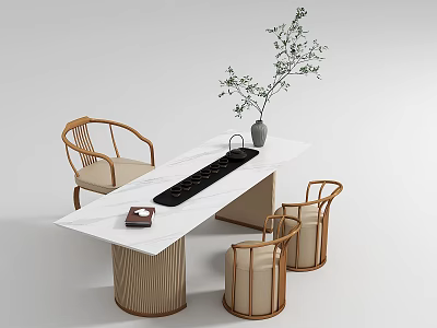 Modern Tea Table With White Marble Top Black Tea Tray Rattan Chairs And Green Plant 3d model