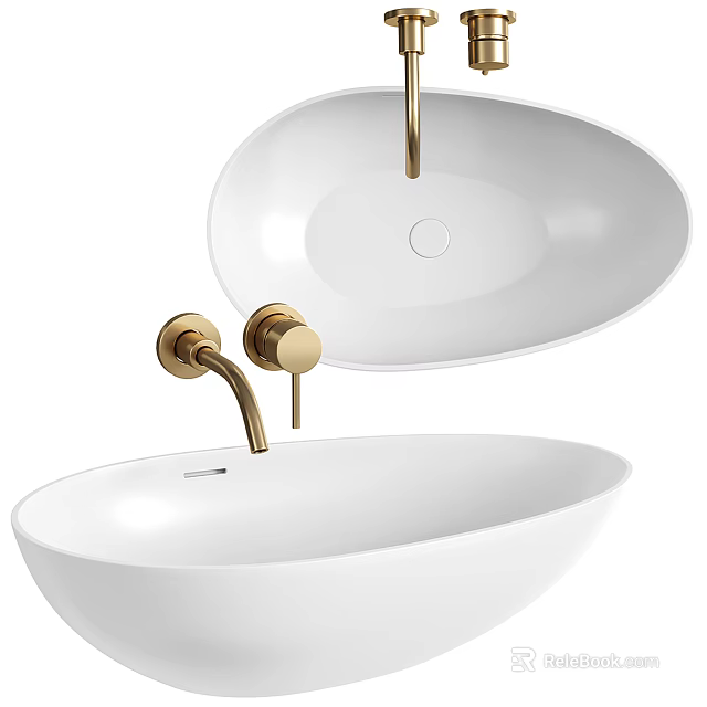Sleek Modern White Ceramic Washbasin With Gold Bathroom Faucet Design 3d model 