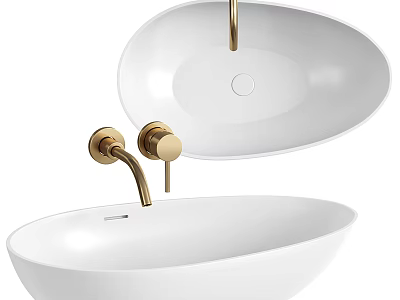 Sleek Modern White Ceramic Washbasin With Gold Bathroom Faucet Design 3d model