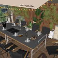 Outdoor Terrace Table And Chairs Set With Plants Tableware And Wooden Background