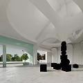 Modern Front Desk Reception Design With Arched Ceiling Wooden Geometric Decor And Green Plant