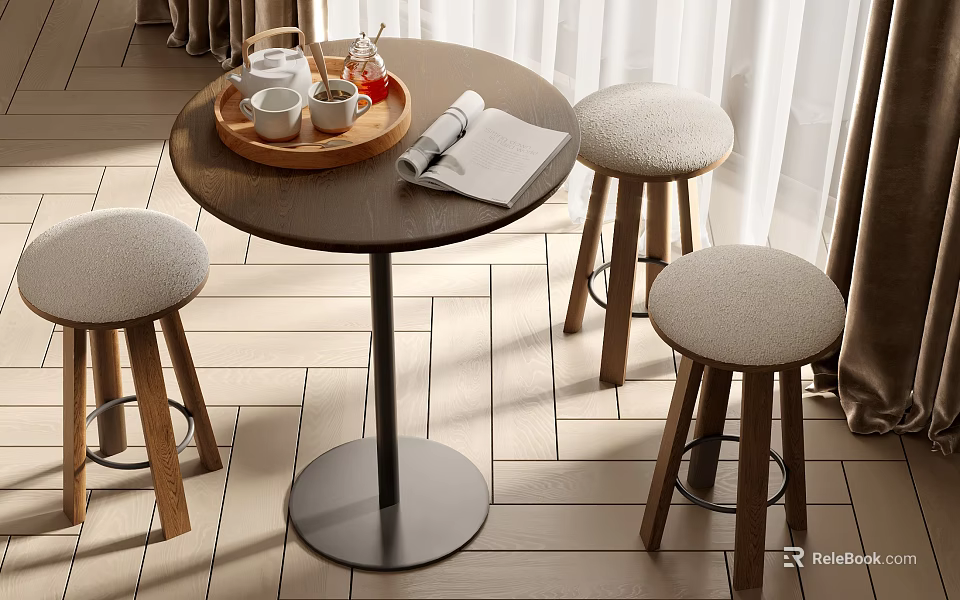 Modern Round Wooden Table and Stools Set with Light Gray Padded Seats for Home Interior 3d model 