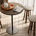Modern Round Wooden Table and Stools Set with Light Gray Padded Seats for Home Interior