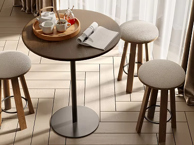 Modern Round Wooden Table and Stools Set with Light Gray Padded Seats for Home Interior 3d model