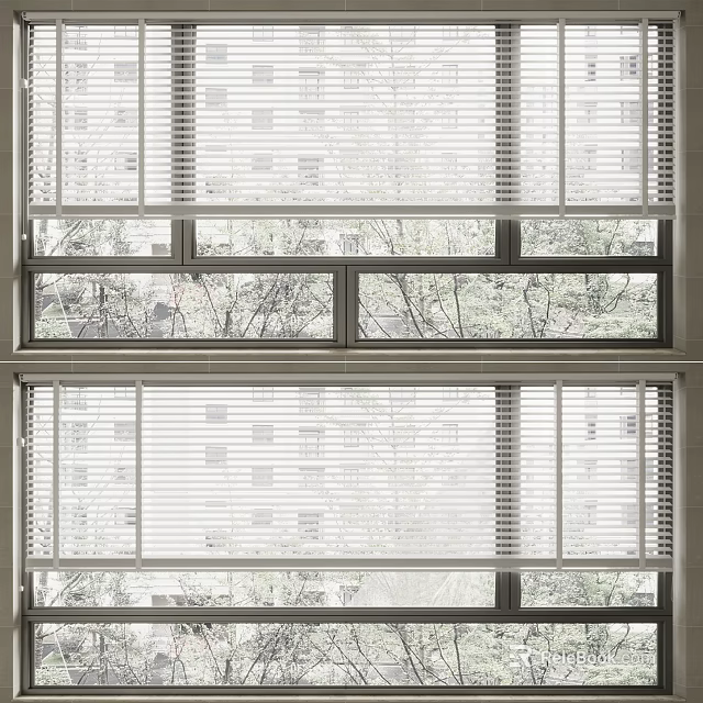 Modern Casement Window With White Blinds And Trees Outside Buildings View 3d model 
