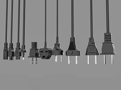 Assorted Black Power Plugs with Attached Cables Arranged Neatly 3d model