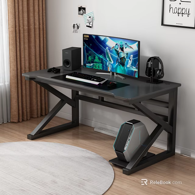 Modern Office Desk With Metal Frame Computer Monitor Keyboard Mouse Speakers Headphones And PC 3d model 