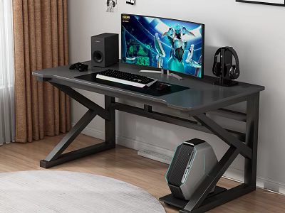 Modern Office Desk With Metal Frame Computer Monitor Keyboard Mouse Speakers Headphones And PC 3d model