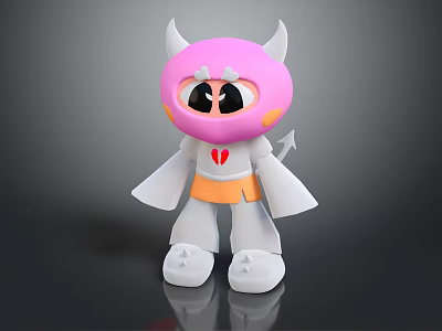 Cute Doll With Pink Head White Horns Big Black Eyes And Red Heart 3d model