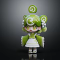Cute Green And White Cartoon Character Creature With Spiral Hair And Lace Trimmed Kimono Outfit
