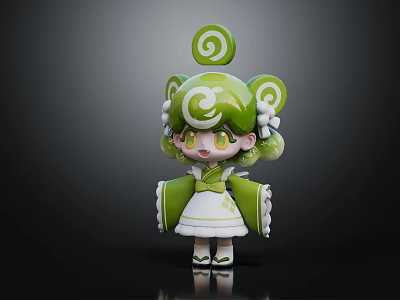 Cute Green And White Cartoon Character Creature With Spiral Hair And Lace Trimmed Kimono Outfit 3d model