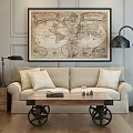 Beige Loveseat With Light Cushions Vintage World Map Art Wooden Coffee Table And Floor Lamps