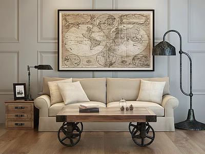Beige Loveseat With Light Cushions Vintage World Map Art Wooden Coffee Table And Floor Lamps 3d model