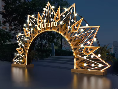 Corona Golden Arched Event Archway With Illuminated Lights Star Design And Green Plants 3d model