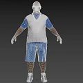 Man In Blue And White Short Sleeve Shirt Blue Shorts Gold Chain Sneakers Black Background