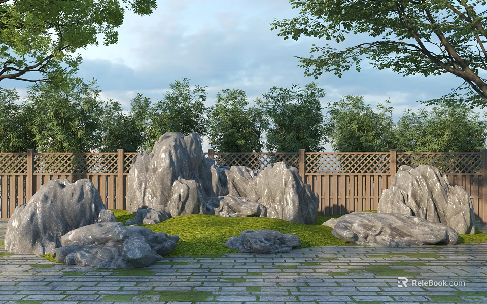 Natural Garden Ornament With Rock Formations Green Grass Trees Wooden Fence And Stone Pathway 3d model 