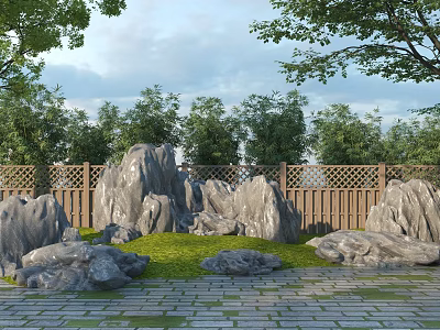 Natural Garden Ornament With Rock Formations Green Grass Trees Wooden Fence And Stone Pathway 3d model