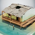 Rural Self Built House Standing On Water With Wooden Platform And Shabby Metal Tile Roof