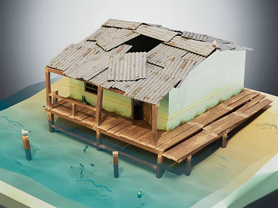 Rural Self Built House Standing On Water With Wooden Platform And Shabby Metal Tile Roof 3d model