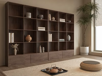 Dark Wooden Bookcase With Multiple Shelves Holding Books Vases And Decorative Items 3d model