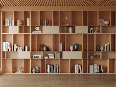 Modern Wooden Bookshelf With Multiple Shelves Books And Decorative Items 3d model