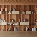 Modern Wooden Bookshelf With Multiple Shelves Books And Decorative Items