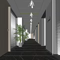 Modern Office Corridor Interior With Spacious Design Marble Floor Ceiling Lights And Potted Plants 3d model