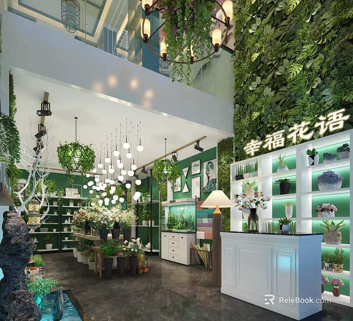 Floral Shop Store Interior With Living Plant Wall Green Plants And Display Shelves 3d model 