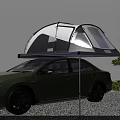 Green Car With Roof Tent For Outdoor Camping Featuring Tree And Gravel Ground