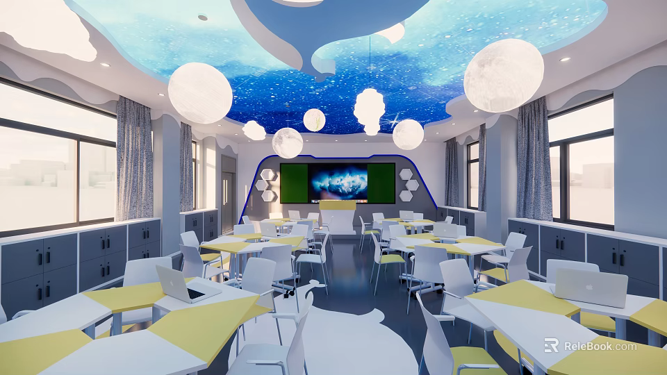 School Modern Classroom With Starry Sky Ceiling White Pendant Lights Large Screen And Colorful Desks 3d model 