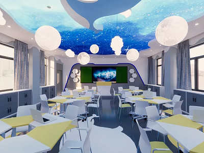 School Modern Classroom With Starry Sky Ceiling White Pendant Lights Large Screen And Colorful Desks 3d model
