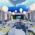 School Modern Classroom With Starry Sky Ceiling White Pendant Lights Large Screen And Colorful Desks