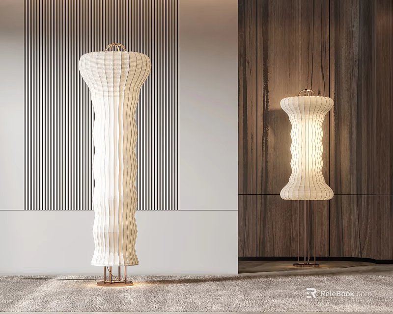 Modern Floor Lamp With Textured White Shade And Brass Base In Interior Space 3d model 