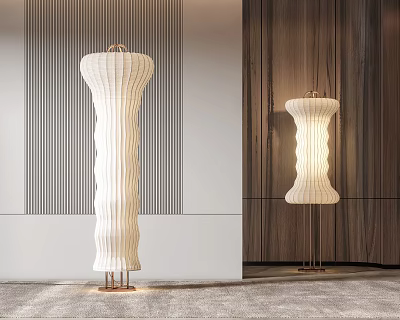 Modern Floor Lamp With Textured White Shade And Brass Base In Interior Space 3d model