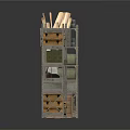 Metal Storage Shelves With Multiple Layers Holding Boxes Rolled Items And Tools
