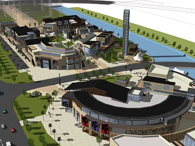 Modern Commercial Street With Waterfront Views Modern Buildings And Green Landscaped Areas 3d model
