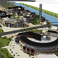 Modern Commercial Street With Waterfront Views Modern Buildings And Green Landscaped Areas