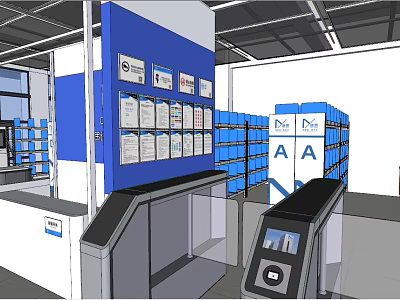 Blue Retail Store Interior With Display Wall Shelves And Self Service Kiosk 3d model