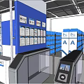 Blue Retail Store Interior With Display Wall Shelves And Self Service Kiosk