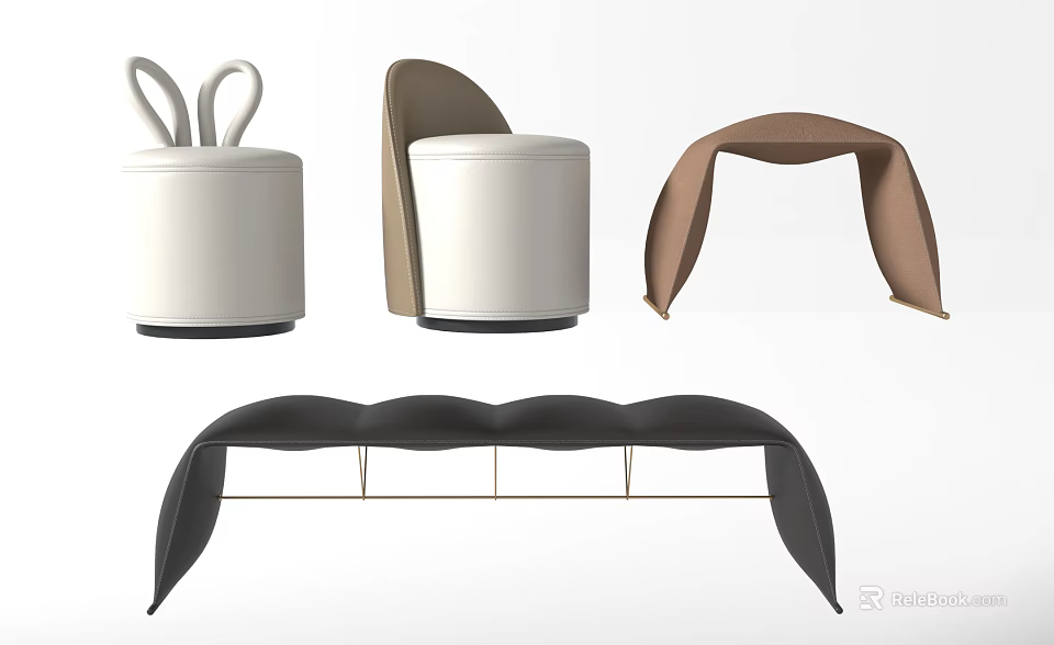 Modern Sofa Stools With Various Designs Including Rabbit Ear And Curved Shapes 3d model