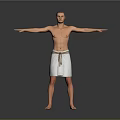 Shirtless Man with White Towel Wrapped Around Waist Standing with Arms Outstretched Against Gray Background