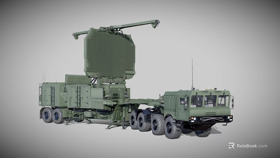 Green Military Radar Vehicle With Large Antenna And Heavy Duty Wheels 3d model 
