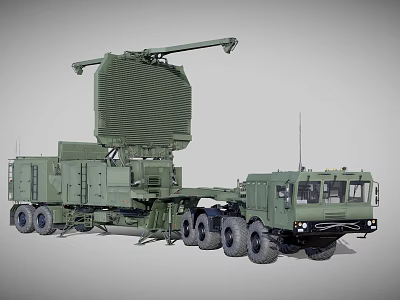 Green Military Radar Vehicle With Large Antenna And Heavy Duty Wheels 3d model